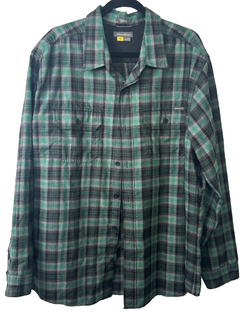 Eddie Bauer Shirt Mens 2XL Green Flannel Plaid Button Down Long Sleeve Poly A5